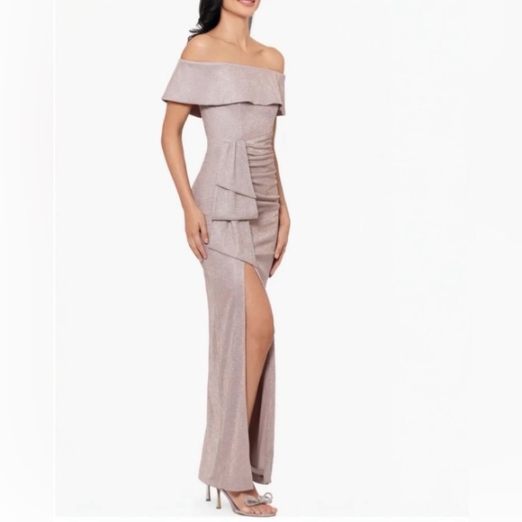 Xscape Elegant Off-Shoulder Blush Glitter Dress - Picture 4 of 9